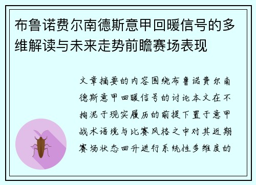 布鲁诺费尔南德斯意甲回暖信号的多维解读与未来走势前瞻赛场表现
