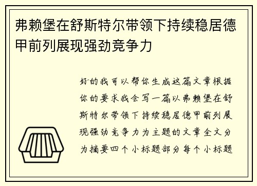 弗赖堡在舒斯特尔带领下持续稳居德甲前列展现强劲竞争力