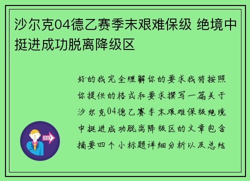 沙尔克04德乙赛季末艰难保级 绝境中挺进成功脱离降级区