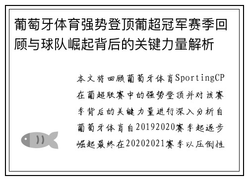 葡萄牙体育强势登顶葡超冠军赛季回顾与球队崛起背后的关键力量解析